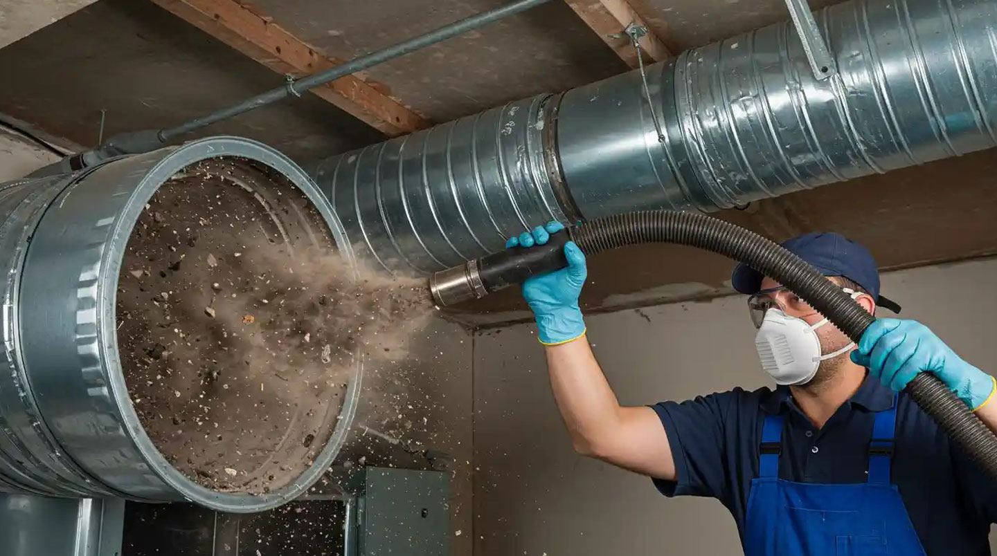 Technicien utilisant un équipement d'aspiration industriel pour nettoyer l'intérieur d'un conduit de ventilation dans une usine