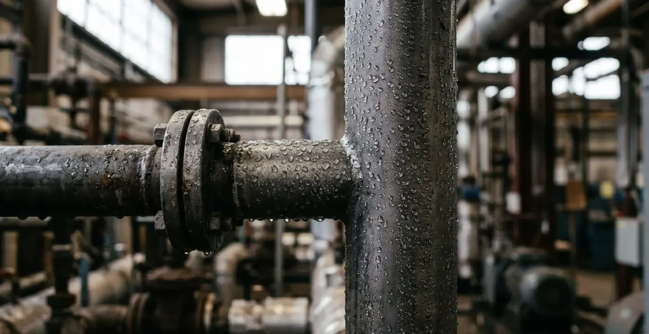 Gouttelettes de condensation visibles sur une surface métallique dans un environnement industriel québécois mal ventilé