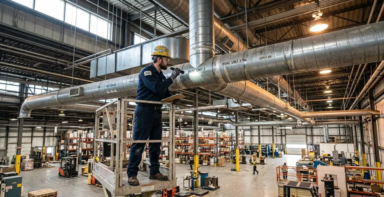 Technicien HVAC en combinaison inspectant des conduits de ventilation métalliques dans une usine industrielle au Québec