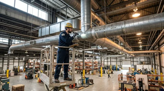 Technicien HVAC en combinaison inspectant des conduits de ventilation métalliques dans une usine industrielle au Québec