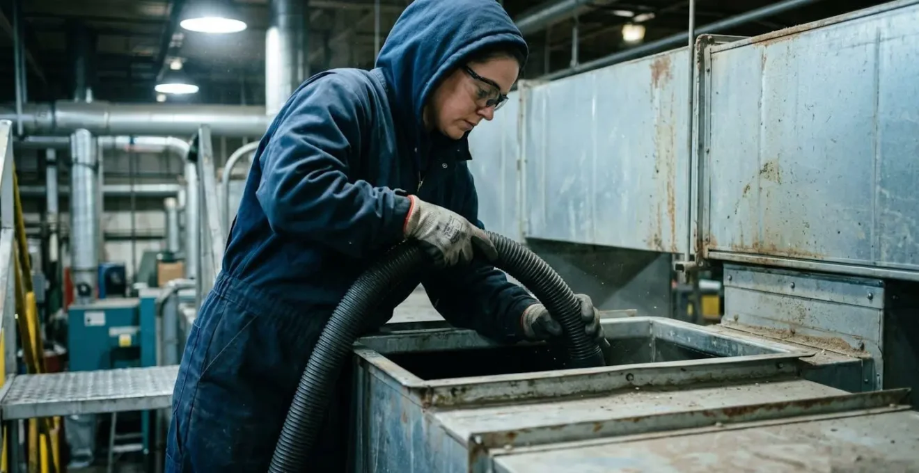Technicien utilisant un équipement d'aspiration industriel pour nettoyer l'intérieur d'un conduit de ventilation dans une usine
