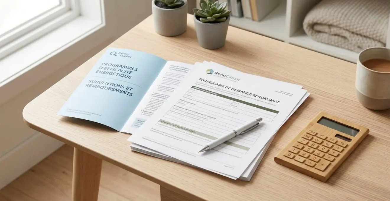 Documents administratifs organisés pour demande de subventions thermopompe incluant formulaires RénoClimat et Hydro-Québec