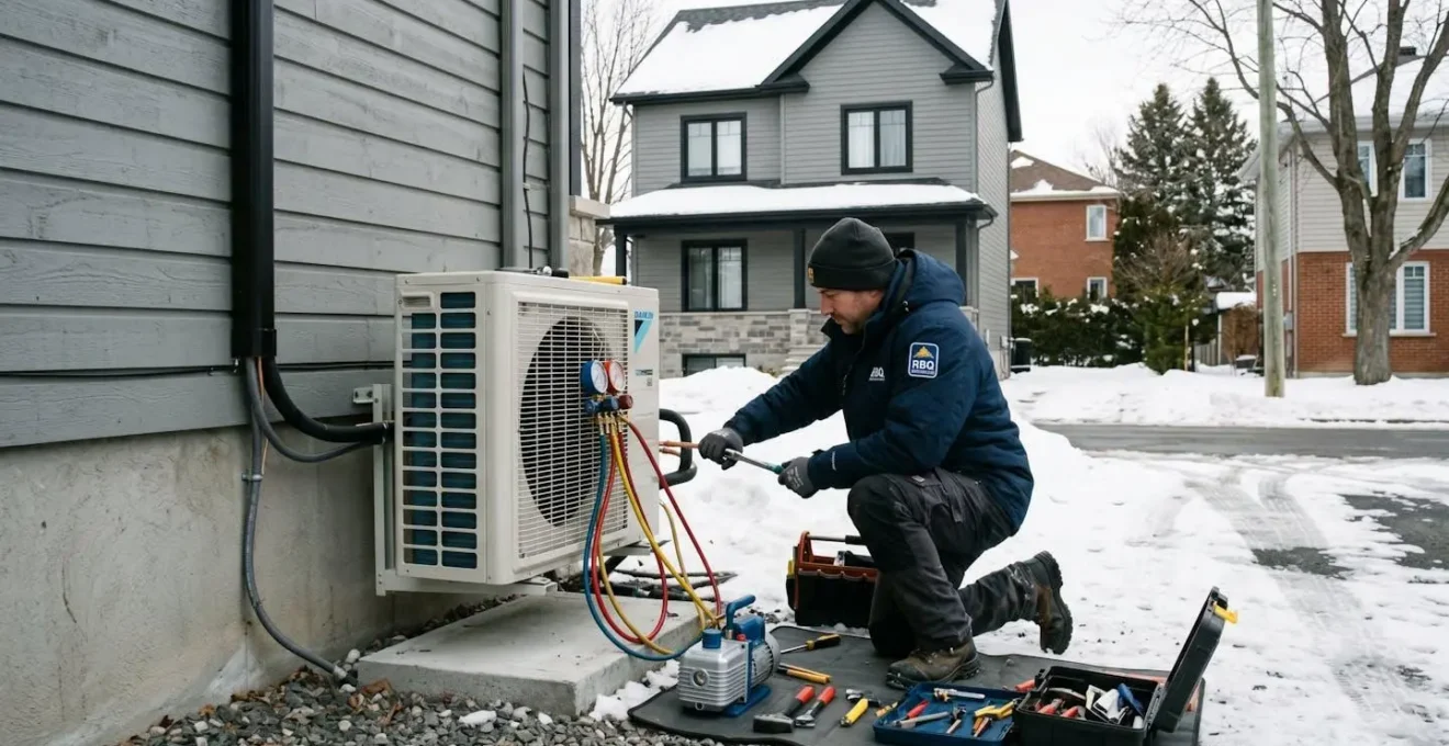 Technicien professionnel installant une thermopompe résidentielle dans un environnement hivernal québécois avec outils spécialisés