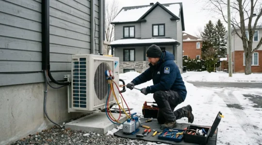 Technicien professionnel installant une thermopompe résidentielle dans un environnement hivernal québécois avec outils spécialisés