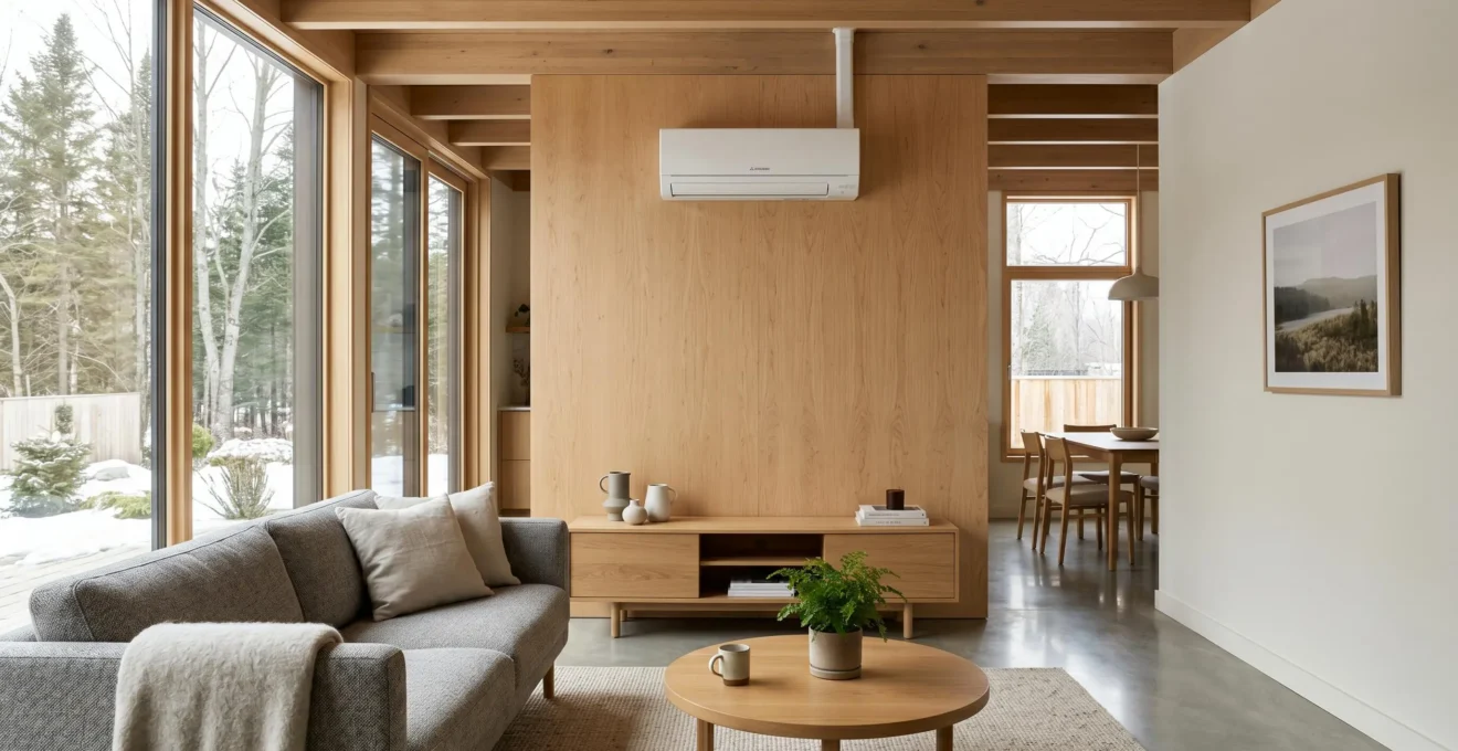 Thermopompe murale installée dans un salon moderne québécois montrant l'intégration discrète dans l'habitat